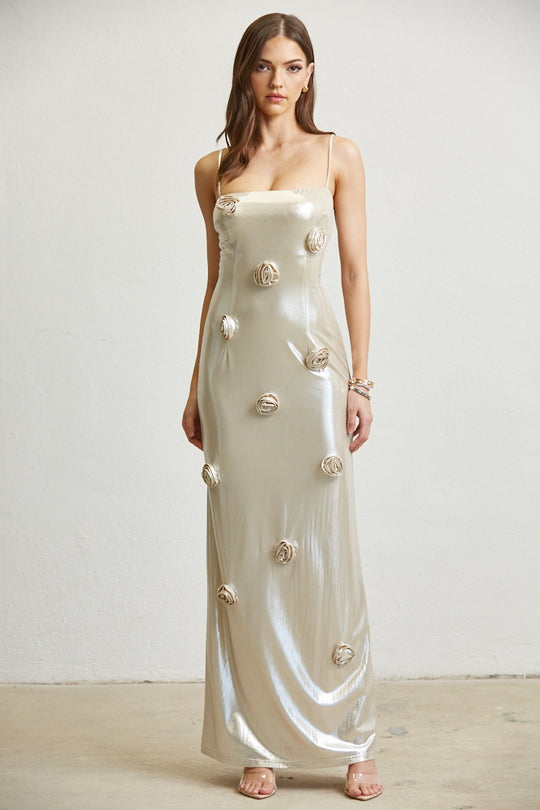 Silver Metallic Long Dress Front View
