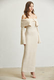 Off Shoulder Knit Maxi Dress Side View - Beige