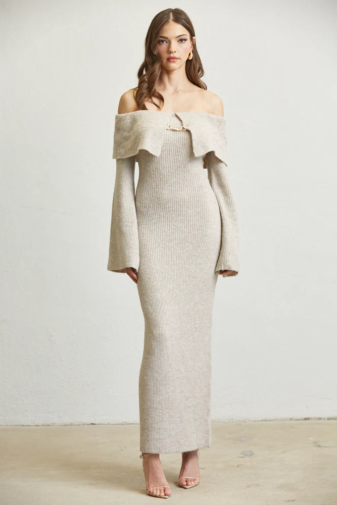 Off Shoulder Knit Maxi Dress Front View - Gray