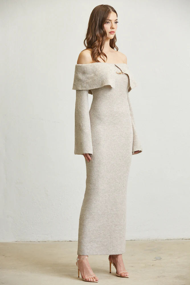Off Shoulder Knit Maxi Dress Side View - Gray