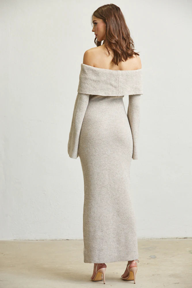 Off Shoulder Knit Maxi Dress Close View - Gray