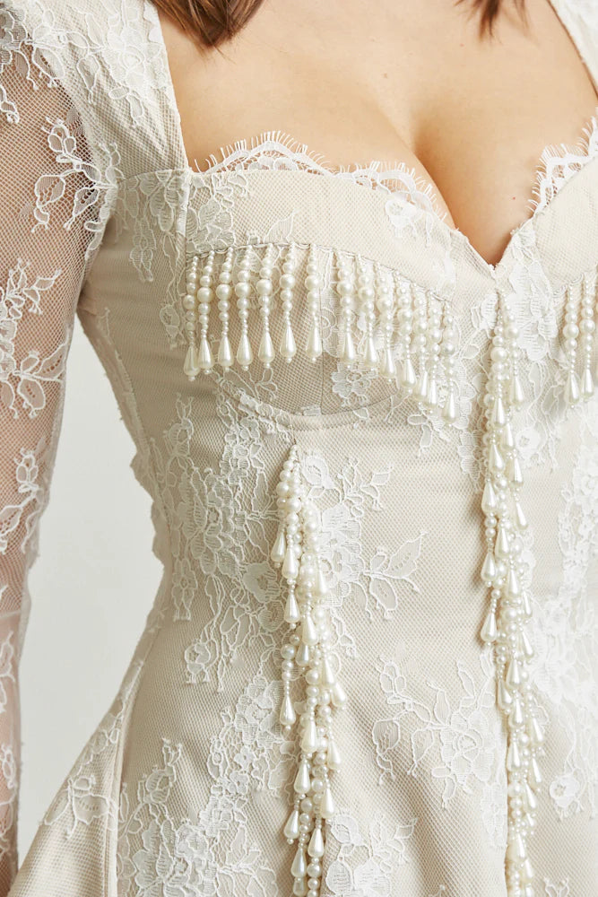 Pearl Tear Drop Blossom  Long Sleeves Lace Dress