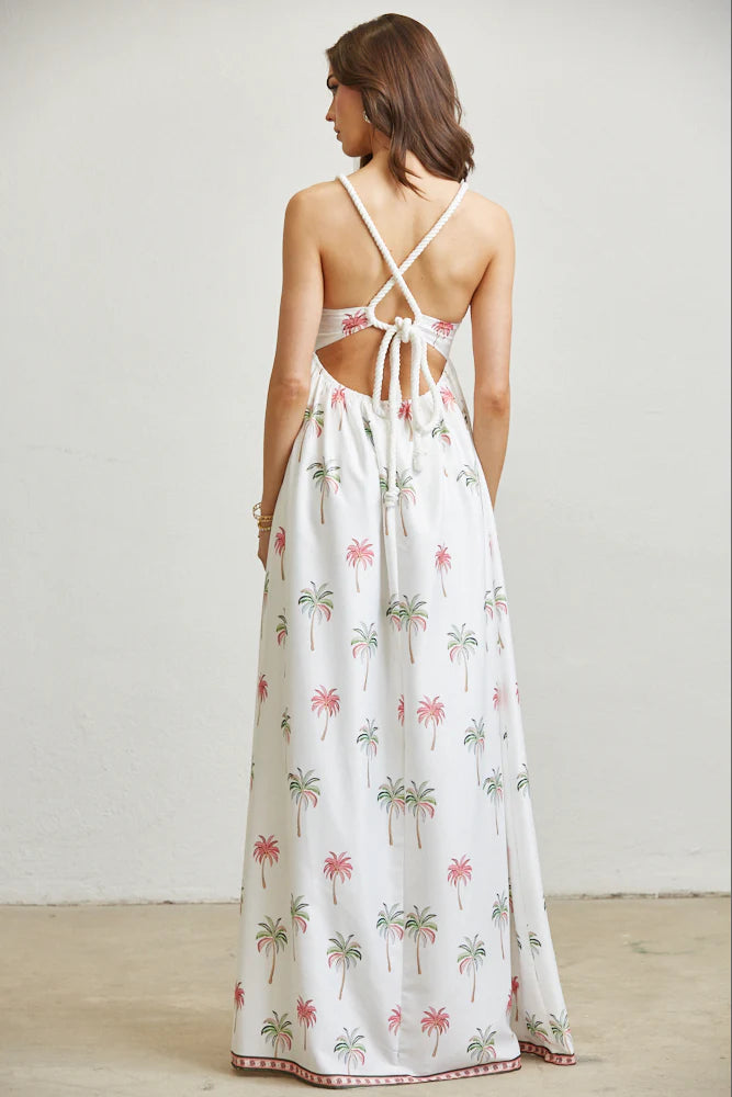 Pamila Dress - Palm Tree Pattern Embroidery with Halter Neck