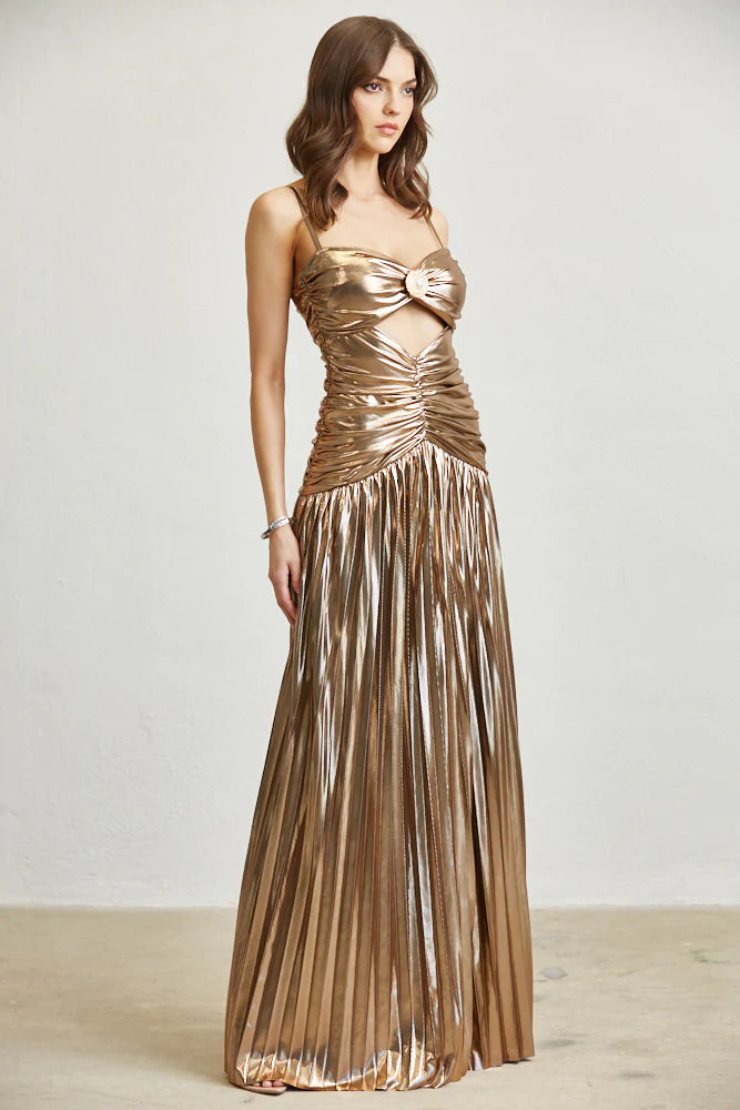 Gold Pleated Maxi Skirt Dress