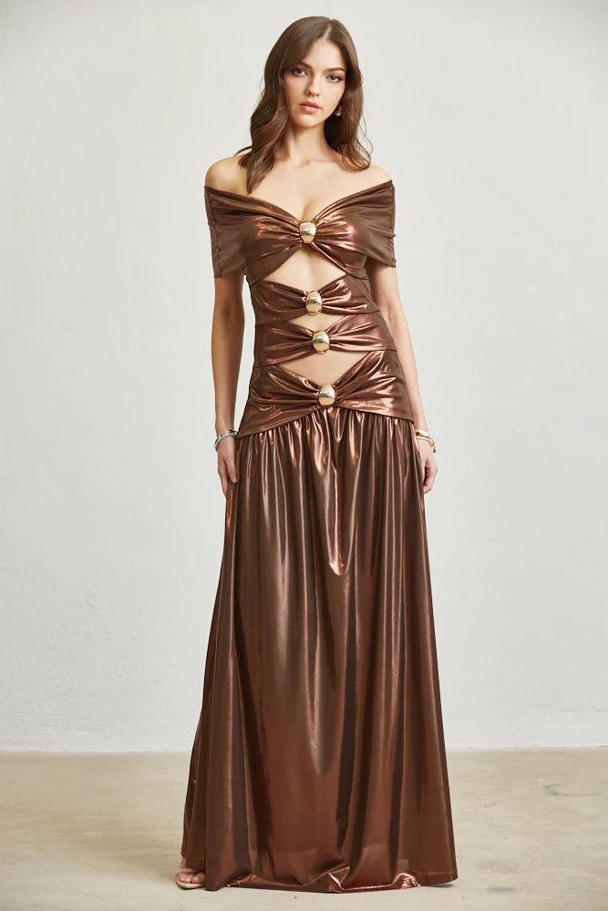 Matallic Stretchy Maxi Dress with Gold Buttons