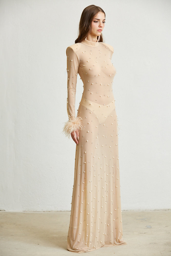 Sheer Maxi Dress Nude Color Side View