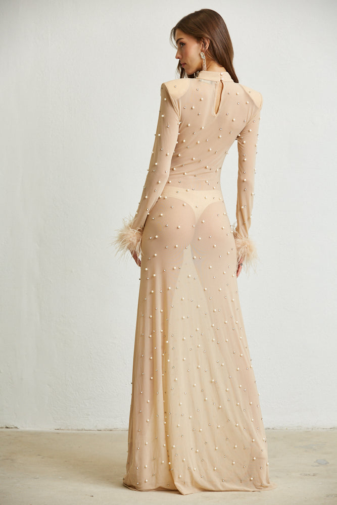 Sheer Maxi Dress Nude Color Back View