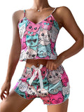 Cute Cartoon Print Satin Sleepwear Set – Women’s Spaghetti Strap Cami & Shorts Pajama