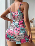Cute Cartoon Print Satin Sleepwear Set – Women’s Spaghetti Strap Cami & Shorts Pajama