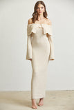 Off Shoulder Knit Maxi Dress Front View - Beige