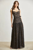 Midnight Bloom Lace Maxi Dress - Women’s Elegant Black Lace Maxi Dress with Tie Straps & Belt