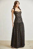 Midnight Bloom Lace Maxi Dress - Women’s Elegant Black Lace Maxi Dress with Tie Straps & Belt