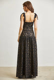 Midnight Bloom Lace Maxi Dress - Women’s Elegant Black Lace Maxi Dress with Tie Straps & Belt