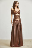 Matallic Stretchy Maxi Dress with Gold Buttons