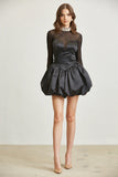 Pearl Embellished Mockneck Satin Bubble Skirt Dress with Long Sleeves