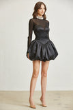 Pearl Embellished Mockneck Satin Bubble Skirt Dress with Long Sleeves