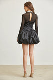 Pearl Embellished Mockneck Satin Bubble Skirt Dress with Long Sleeves