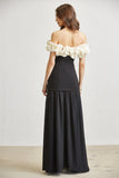Off-Shoulder Rosette Appliqué Drop-Waist Chiffon Maxi Dress