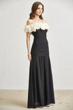 Off-Shoulder Rosette Appliqué Drop-Waist Chiffon Maxi Dress