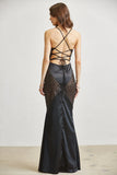 Mystic Fern Black Satin Halter Maxi Dress with Sequin Panel & Lace-Up Back