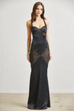 Mystic Fern Black Satin Halter Maxi Dress with Sequin Panel & Lace-Up Back