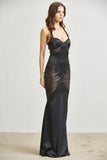Mystic Fern Black Satin Halter Maxi Dress with Sequin Panel & Lace-Up Back