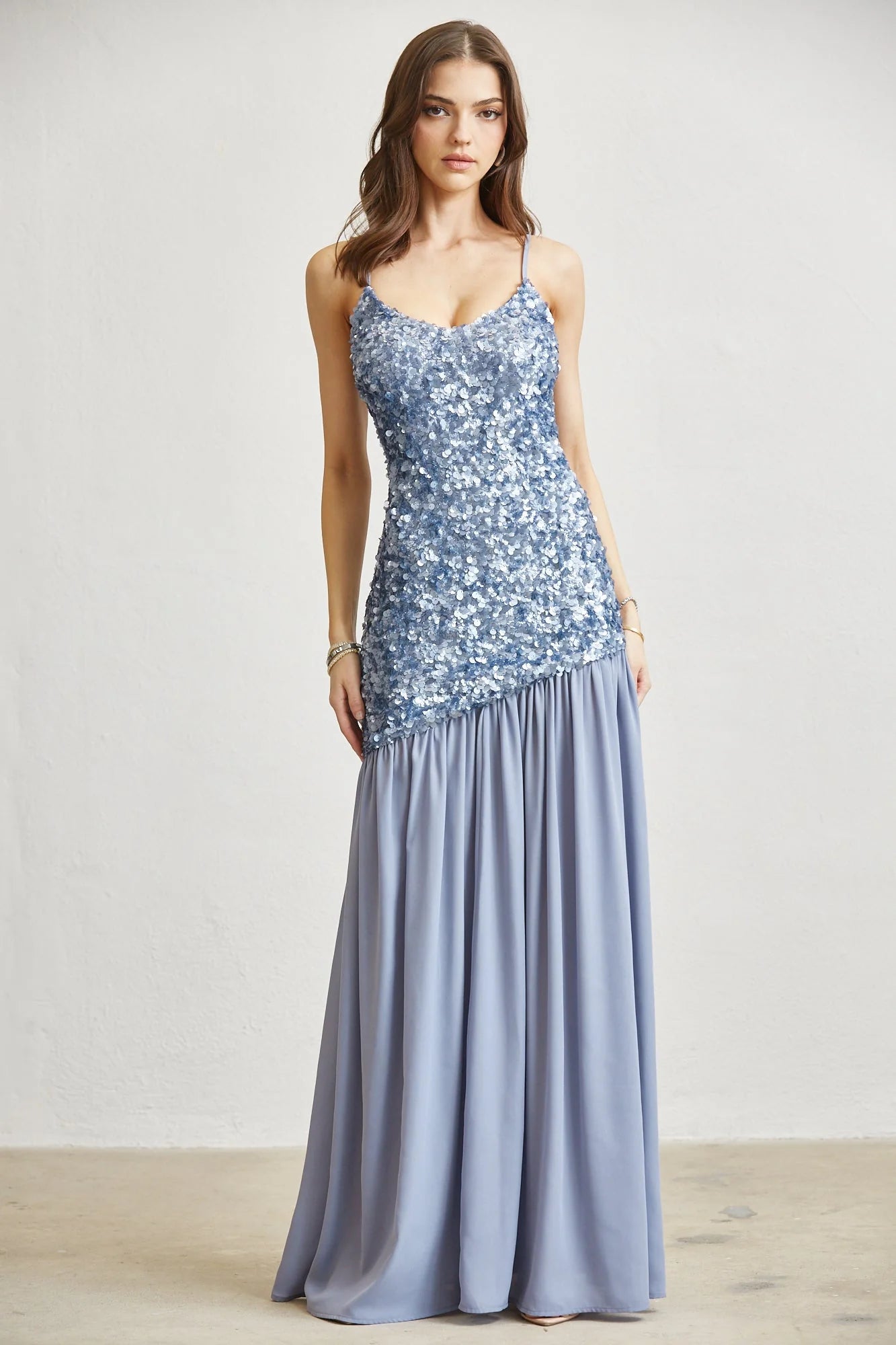 Aleena Asymmetrical Sequin Drop-Waist Maxi Dress with Chiffon Skirt - Small / SteelBlue Aleena Asymmetrical Sequin Drop-Waist Maxi Dress with Chiffon Skirt - Small / SteelBlue