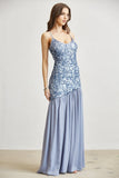 Aleena Asymmetrical Sequin Drop-Waist Maxi Dress with Chiffon Skirt