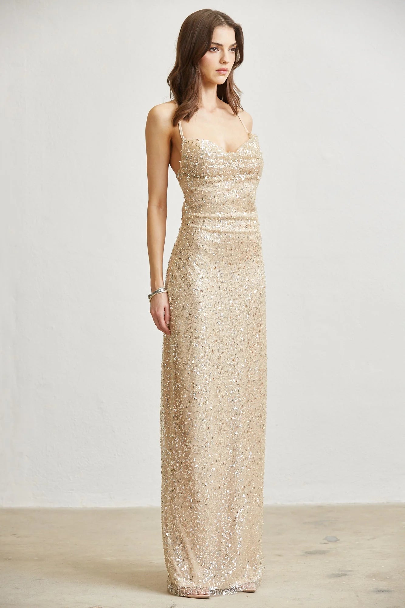 Starly Beaded Sequin Cowl Neck Maxi Dress with Lace-Up Back - Small Starly Beaded Sequin Cowl Neck Maxi Dress with Lace-Up Back - Small