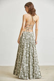 Olive Bloom Floral Lace Halter Neck Pleated Maxi Dress with Crisscross Back