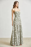 Olive Bloom Floral Lace Halter Neck Pleated Maxi Dress with Crisscross Back