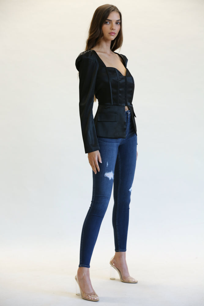 Adeline Satin Square Neck Top With Puff Shoulder long Sleeves