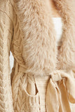 Cozy Faux Fur Trim Long Cable Knit Cardigan for Women – Winter Sweater Coat