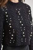 Pearl & Rhinestone Embellished Cable-Knit High-Neck Long Sleeves Sweater