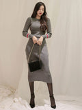Women Elegant Long Sleeve Bodycon Midi Dress | Slim Fit Mid-Calf Knit Dress for Casual & Party Wear