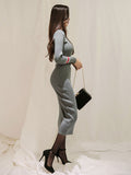 Women Elegant Long Sleeve Bodycon Midi Dress | Slim Fit Mid-Calf Knit Dress for Casual & Party Wear