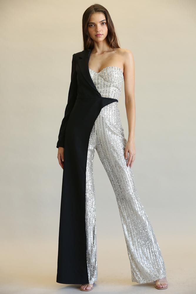 Evolet - Striped Sequin + Solid Stretch Woven Fabric Combo Jumpsuit
